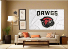 Load image into Gallery viewer, indoor display of white university of montana western flag with dawgs logo for man cave decor