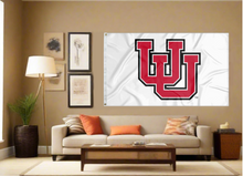 Load image into Gallery viewer, indoor display of white university of utah flag with interlock uu logo for man cave decor