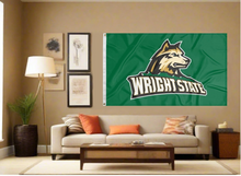 Load image into Gallery viewer, indoor display of green wright state university flag for man cave decor