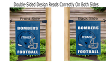 Load image into Gallery viewer, ithaca bombers football logo reading correctly on both sides of blue double sided garden flag