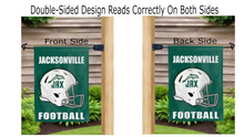Load image into Gallery viewer, jacksonville dolphins football logo reading correctly on both sides of green double sided garden flag