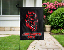 Load image into Gallery viewer, black jacksonville state garden flag hung outside for yard decor