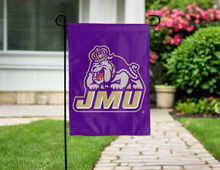 Load image into Gallery viewer, jmu garden flag hung outside for yard decor