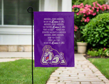 Load image into Gallery viewer, purple jmu garden flag with fight song logo for yard decor