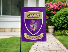 Load image into Gallery viewer, jmu garden flag with shield and go dukes logo for yard decor