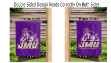 Load image into Gallery viewer, jmu logo reading correctly on both sides of purple garden flag
