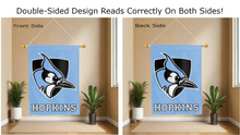 Load image into Gallery viewer, johns hopkins logo reading correctly on both sides of light blue double sided house flag