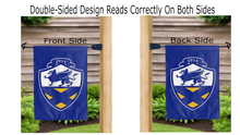 Load image into Gallery viewer, johnson & wales university logo reading correctly on both sides of blue double sided garden flag