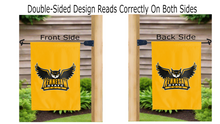 Load image into Gallery viewer, kennesaw state owls logo reading correctly on both sides of gold double sided garden flag