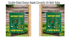 Load image into Gallery viewer, kentucky state thorobreds football logo reading correctly on both sides of green double sided garden flag