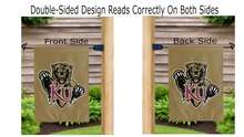 Load image into Gallery viewer, kutztown university logo reading correctly on both sides of bronze double sided garden flag