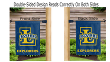 Load image into Gallery viewer, la salle explorers logo reading correctly on both sides of blue double sided garden flag
