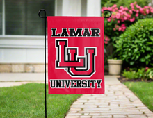 Load image into Gallery viewer, red lamar university double sided garden flag hung outside for yard decor