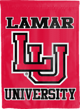 Load image into Gallery viewer, red lamar university double sided house flag hung outside for man cave decor