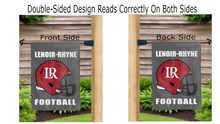 Load image into Gallery viewer, lenoir rhyne football logo reading correctly on both sides of grey double sided garden flag