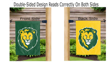 Load image into Gallery viewer, lion head logo reading correctly on both sides of southeastern louisiana university green and gold garden flag