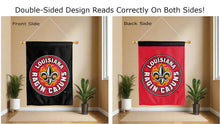 Load image into Gallery viewer, lousiana ragin cajuns logo reading correctly on both sides of black and red double sided house flag
