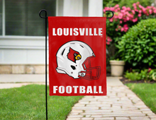 Load image into Gallery viewer, red louisville football garden flag hung outside for yard decor