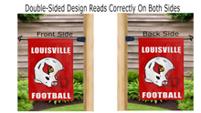 Load image into Gallery viewer, louisville football logo reading correctly on both sides of red double sided garden flag