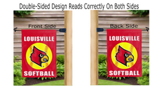 Load image into Gallery viewer, louisville softball logo reading correctly on both sides of red double sided garden flag