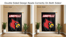 Load image into Gallery viewer, louisville university logo reading correctly on both sides of black double sided house flag