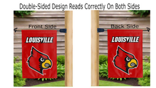 Load image into Gallery viewer, louisville university logo reading correctly on both sides of red double sided garden flag