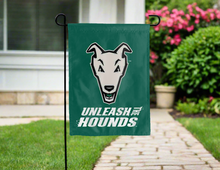 Load image into Gallery viewer, green loyola university maryland double sided garden flag with unleash the hounds logo for yard decor