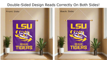 Load image into Gallery viewer, lsu geaux tigers logo reading correctly on both sides of purple double sided house flag