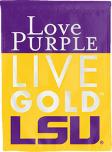 Load image into Gallery viewer, lsu love purple live gold double sided house flag for college dorm decor