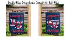 Load image into Gallery viewer, lu liberty flames logo reading correctly on both sides of blue garden flag