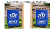 Load image into Gallery viewer, lubbock christian university logo reading correctly on both sides of blue double sided garden flag
