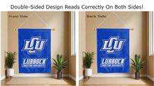 Load image into Gallery viewer, lubbock christian university logo reading correctly on both sides of blue double sided house flag