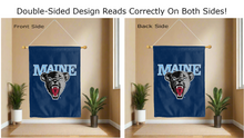 Load image into Gallery viewer, maine university logo reading correctly on both sides of blue double sided house flag
