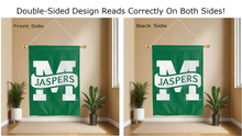 Load image into Gallery viewer, manhattan jaspers logo reading correctly on both sides of green double sided house flag