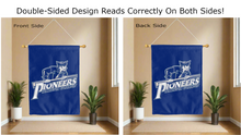 Load image into Gallery viewer, marietta college pioneers logo reading correctly on both sides of blue double sided house flag