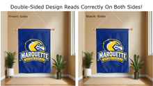 Load image into Gallery viewer, marquette golden eagles logo reading correctly on both sides of blue double sided house flag