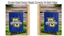 Load image into Gallery viewer, marquette university logo reading correctly on both sides of blue double sided garden flag