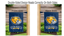 Load image into Gallery viewer, mcla trailblazers logo reading correctly on both sides of blue double sided garden flag