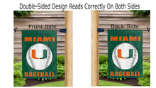Load image into Gallery viewer, miami baseball logo reading correctly on both sides of green double sided garden flag