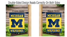 Load image into Gallery viewer, michigan wolverines logo reading correctly on both sides of blue and gold garden flag