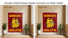 Load image into Gallery viewer, minnesota duluth logo reading correctly on both sides of red double sided house flag
