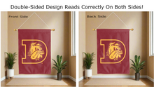 Load image into Gallery viewer, minnesota state duluth d logo reading correctly on both sides of red double sided house flag