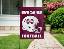 Load image into Gallery viewer, mississippi state football garden flag hung outside a driveway for yard decor