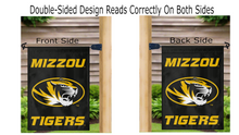 Load image into Gallery viewer, mizzou tigers logo reading correctly on both sides of black double sided garden flag