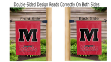 Load image into Gallery viewer, monmouth college fighting scots logo reading correctly on both sides of red double sided garden flag