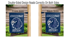 Load image into Gallery viewer, monmouth hawks logo reading correctly on both sides of blue double sided garden flag