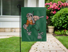 Load image into Gallery viewer, green montana tech garden flag with charlie oredigger logo for yard decor