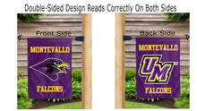 Load image into Gallery viewer, montevallo falcons logo and um logo reading correctly on both sides of purple double sided garden flag