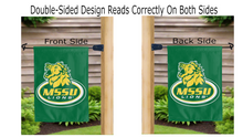 Load image into Gallery viewer, mssu lions logo reading correctly on both sides of green double sided garden flag