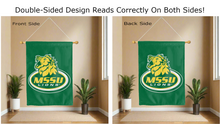 Load image into Gallery viewer, mssu lions logo reading correctly on both sides of green double sided house flag